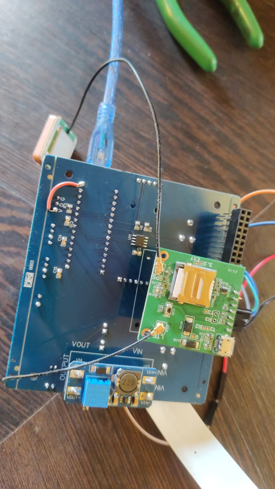 A close-up of the prototype’s circuit boards and connections